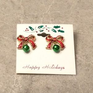 Holiday red with gold tone trim bow earrings with little green bells